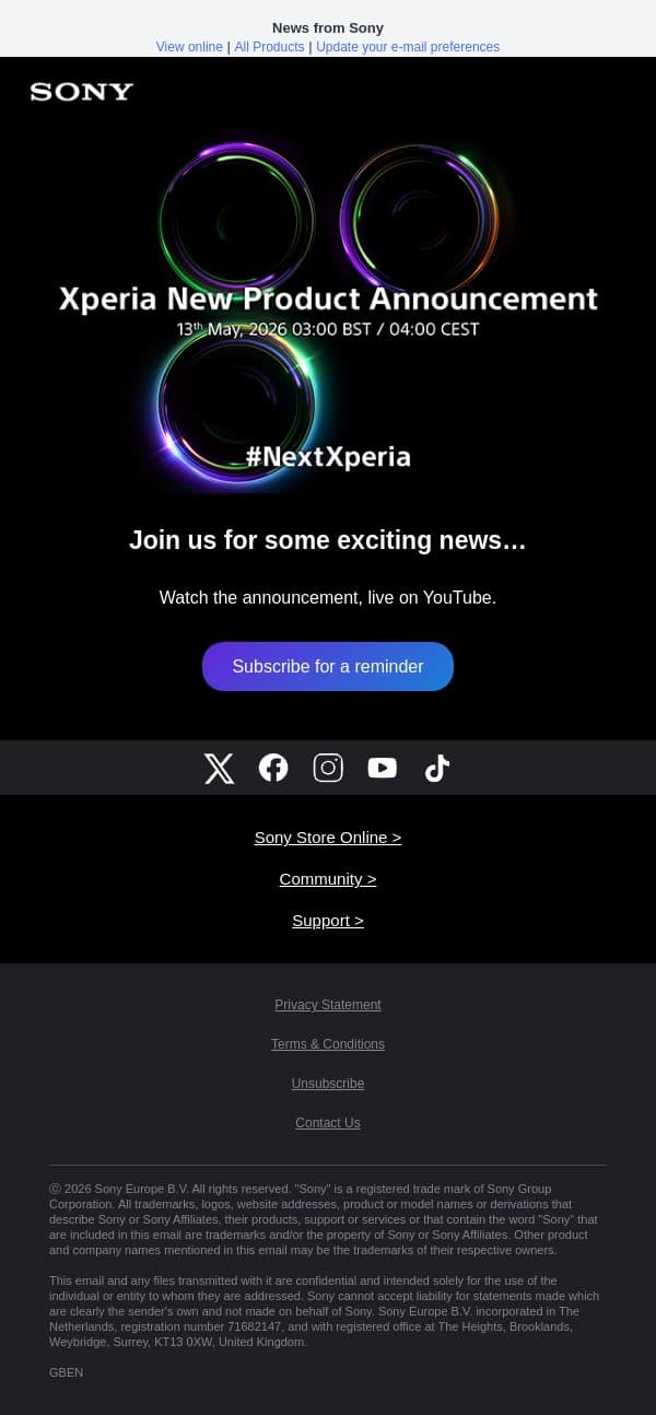 Exciting Xperia news - coming soon! email from Sony UK screenshot