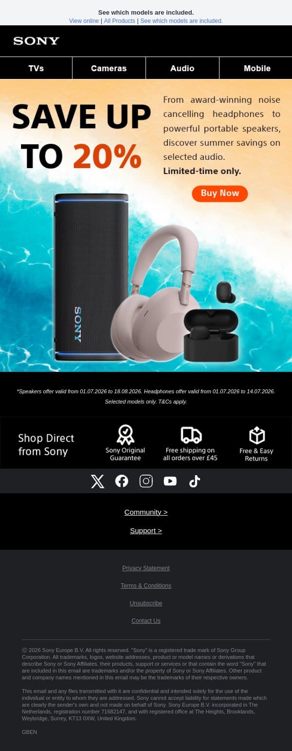 Up to 20% off? It's time to listen 🎵 email from Sony UK screenshot
