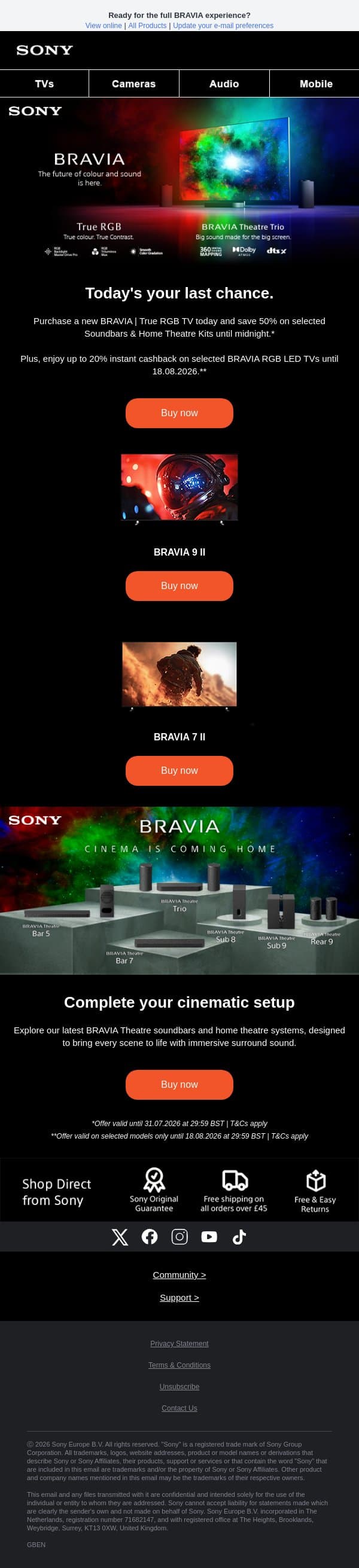 Your 50% saving ends tonight ⏰ email from Sony UK screenshot