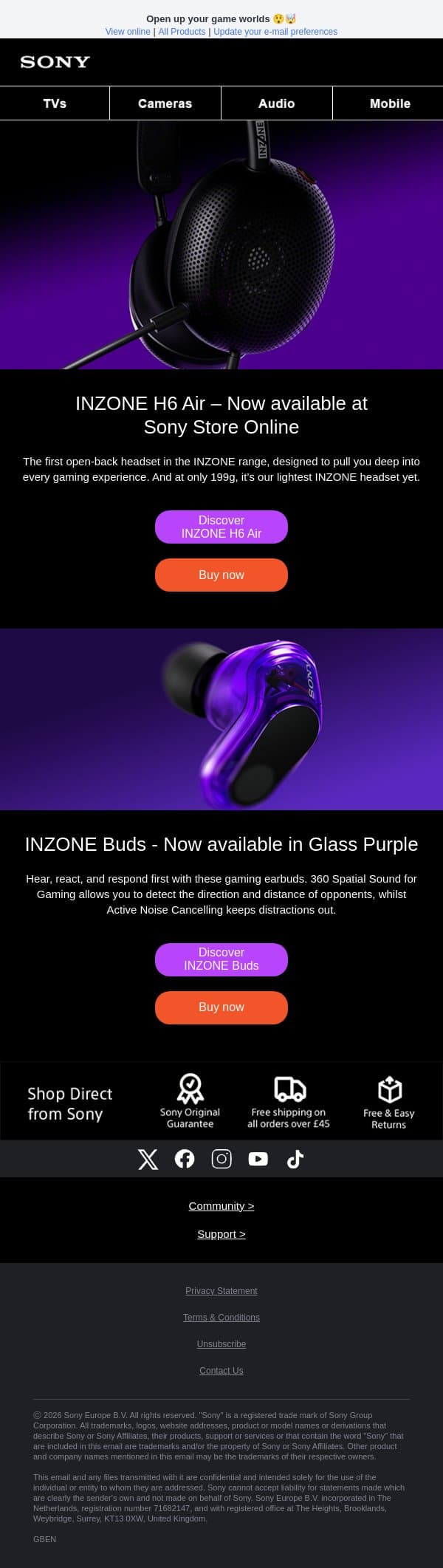 In-store now: INZONE H6 Air Open-Back Gaming Headset email from Sony UK screenshot