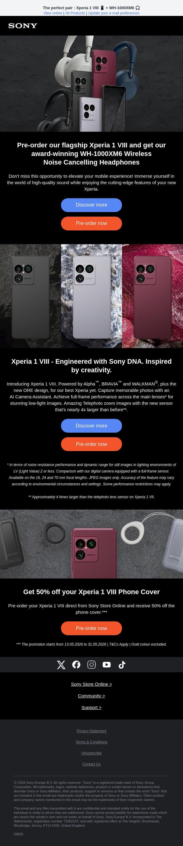 LIMITED OFFER: Pre-order new Xperia and get Sony award-winning headphones! email from Sony UK screenshot