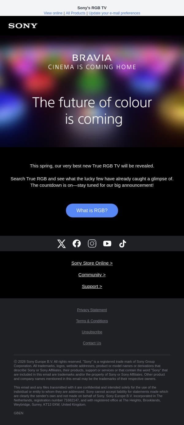 New TV to be announced soon… email from Sony UK screenshot