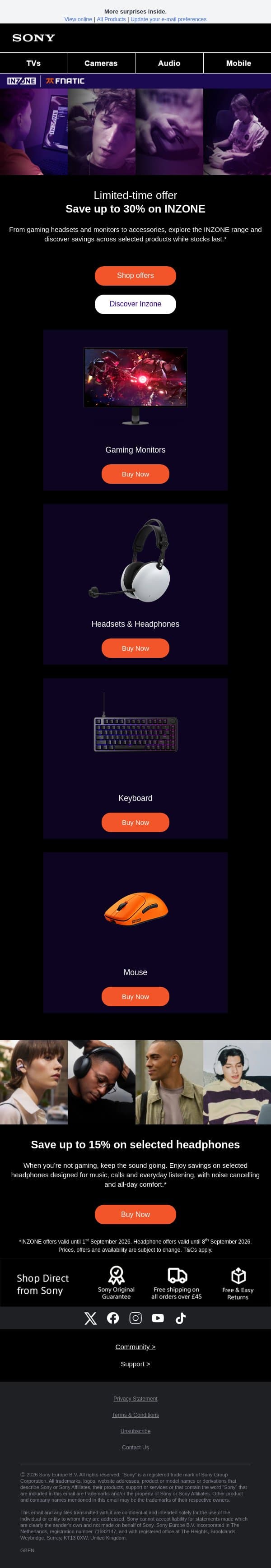 Save up to 30% on INZONE gaming gear ⚡ email from Sony UK screenshot