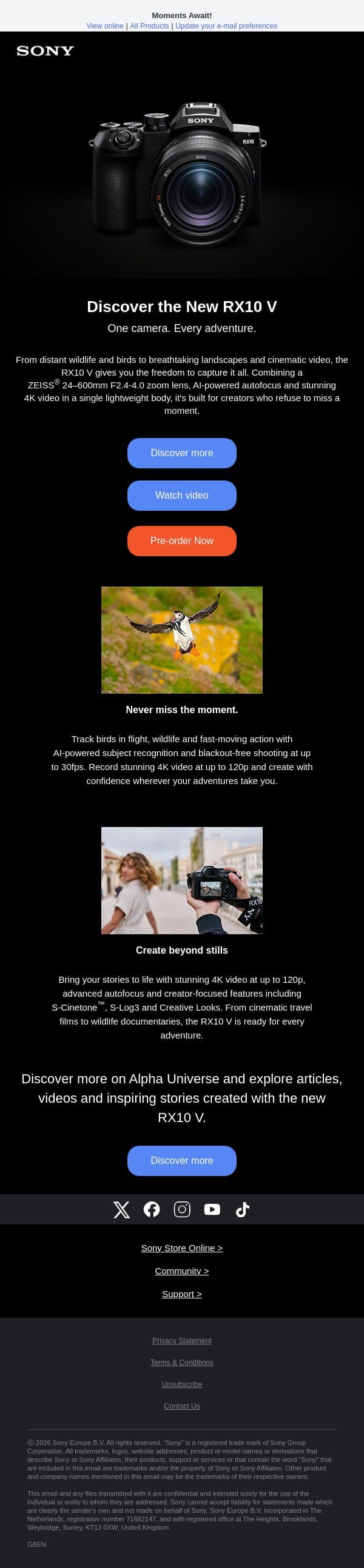 Introducing the new RX10 V email from Sony UK screenshot
