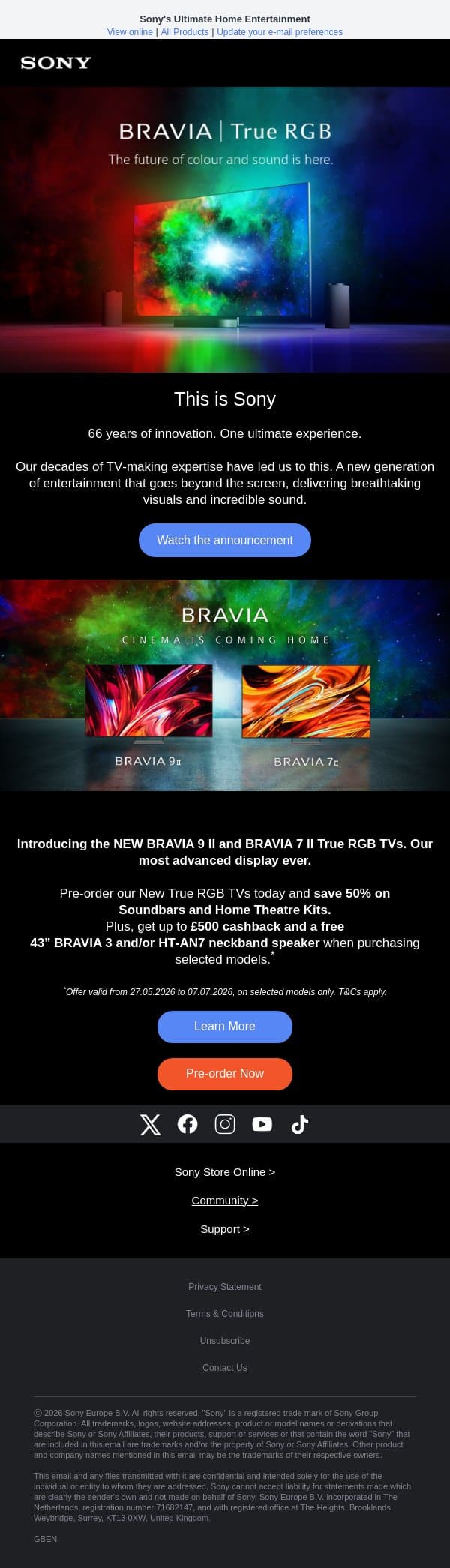 New Era, RGB TV - Open to unlock your exclusive launch offer​ email from Sony UK screenshot