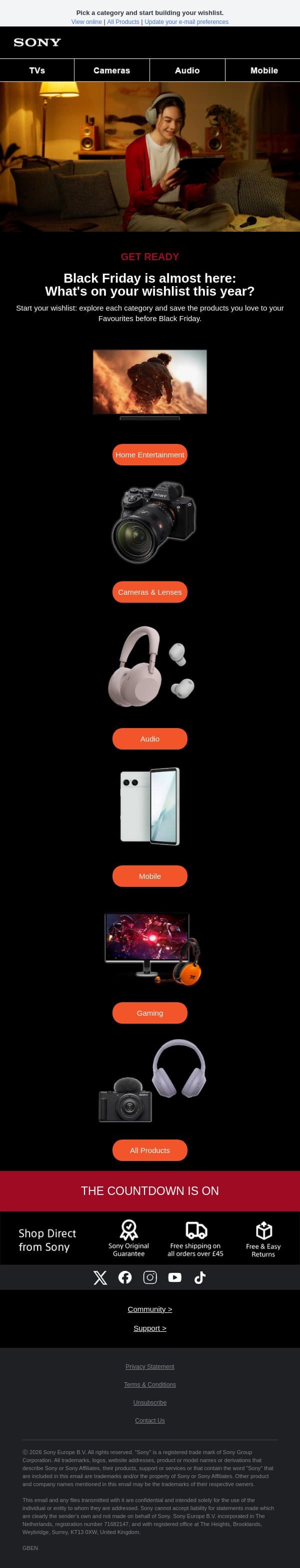 Black Friday is almost here: what's on your list? email from Sony UK screenshot