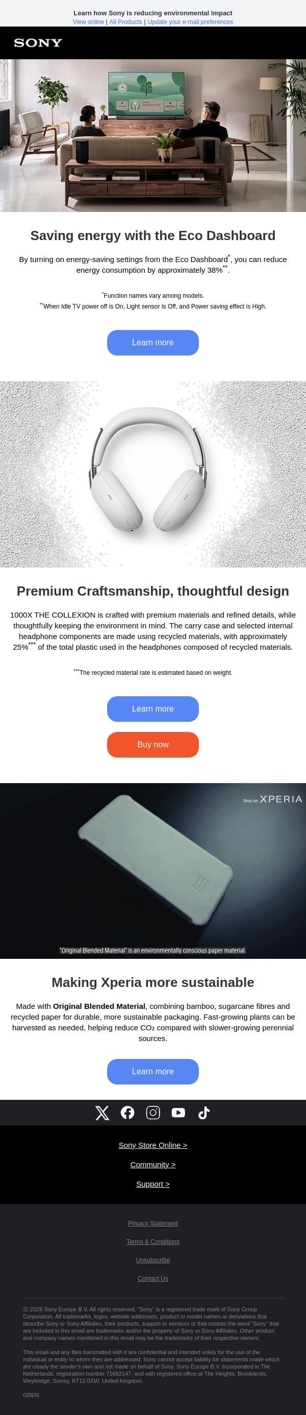 Entertainment with sustainability in mind email from Sony UK screenshot