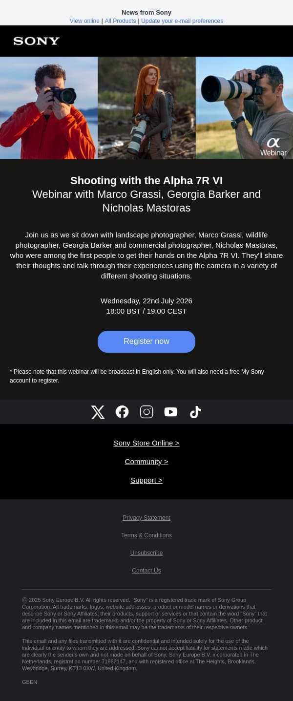 α Webinar: Shooting with the Alpha 7R VI email from Sony UK screenshot