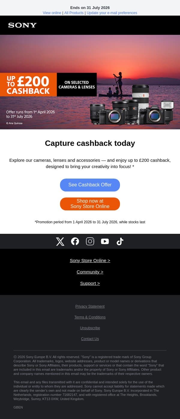 📷 Last Chance! Get Up to £200 Cashback on selected Sony products! email from Sony UK screenshot