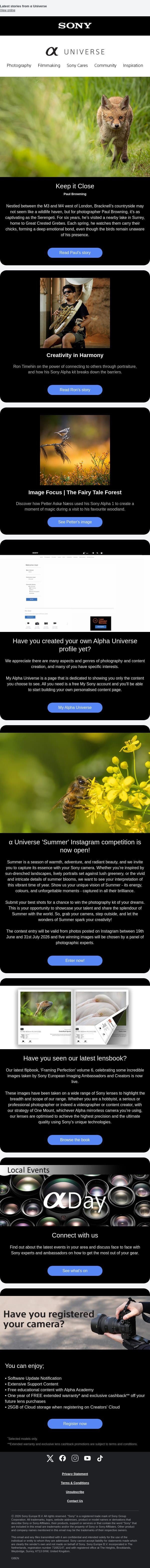 Keep it Close with Paul Browning – α Universe Newsletter 📷 email from Sony UK screenshot