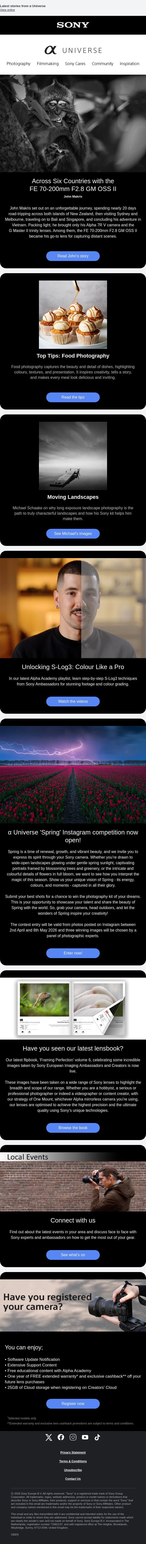 Lens Profile | FE 70-200mm F2.8 GM OSS II – α Universe Newsletter 📷 email from Sony UK screenshot