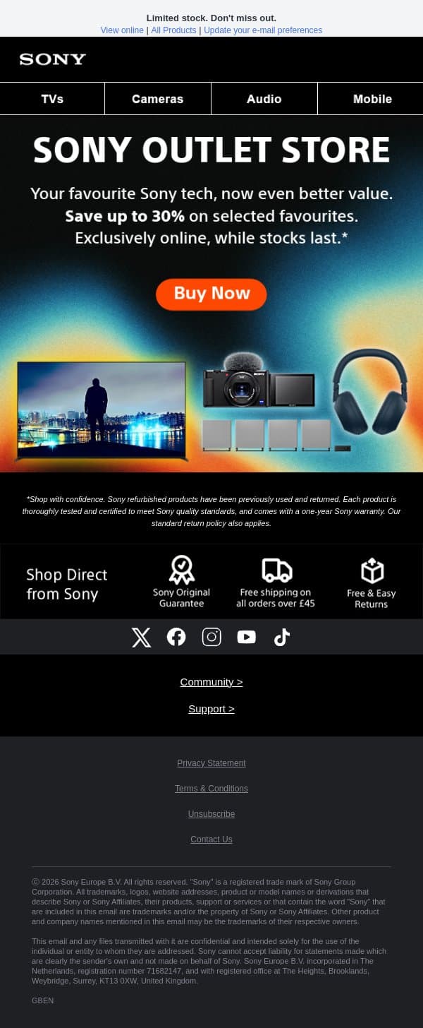 Sony Outlet Store | Up to 30% off 🔥 email from Sony UK screenshot