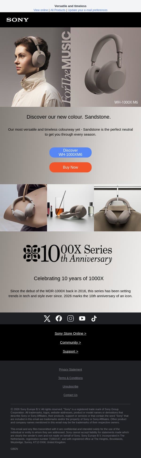 WH-1000XM6 - Now available in Sandstone email from Sony UK screenshot
