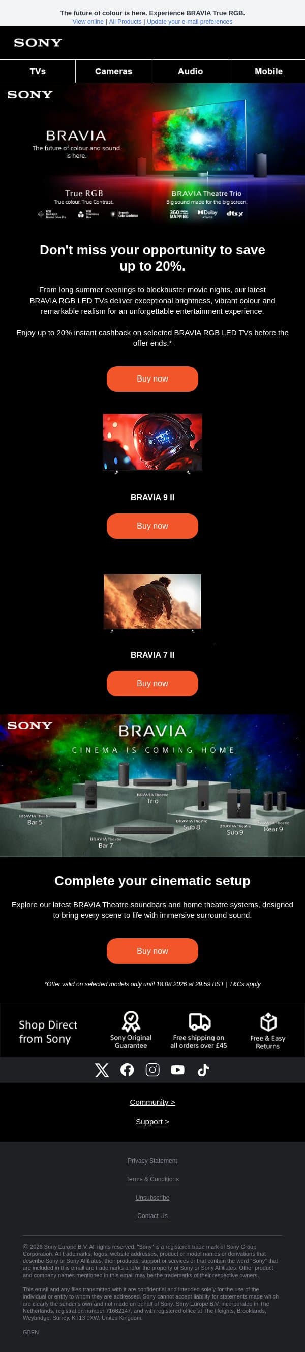 One more look? Save up to 20% with instant cashback email from Sony UK screenshot