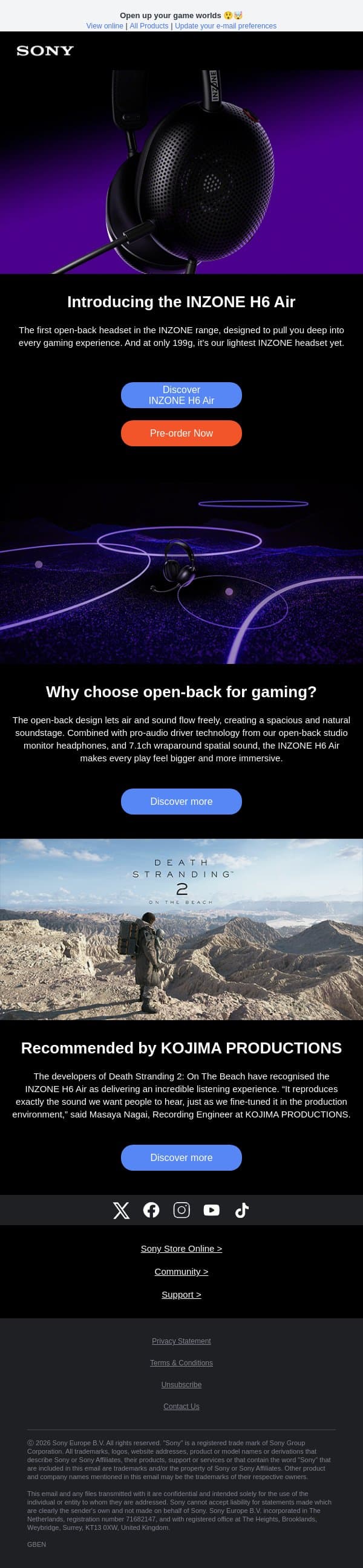 Introducing the INZONE H6 Air Open-Back Gaming Headset email from Sony UK screenshot
