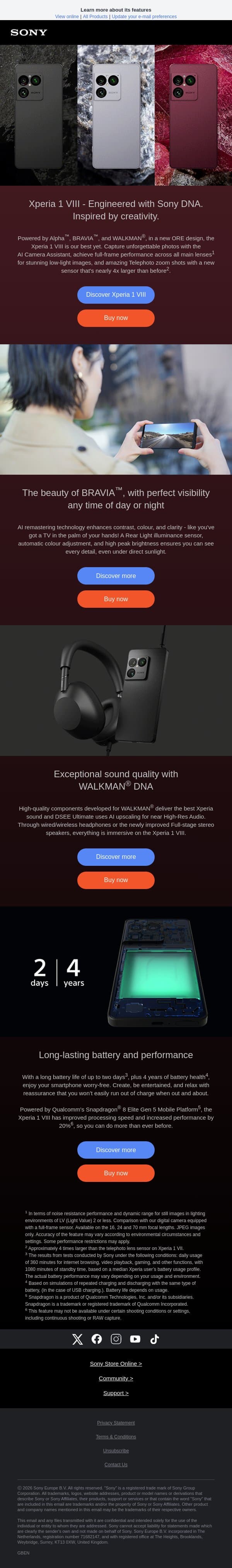Xperia 1 VIII - Engineered with Sony DNA. Inspired by creativity. email from Sony UK screenshot