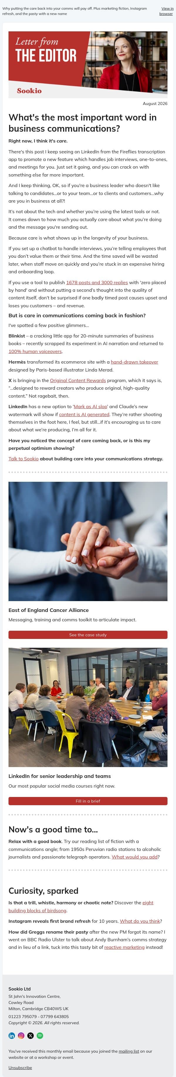 What's the most important word in business communications right now? email from Sookio screenshot