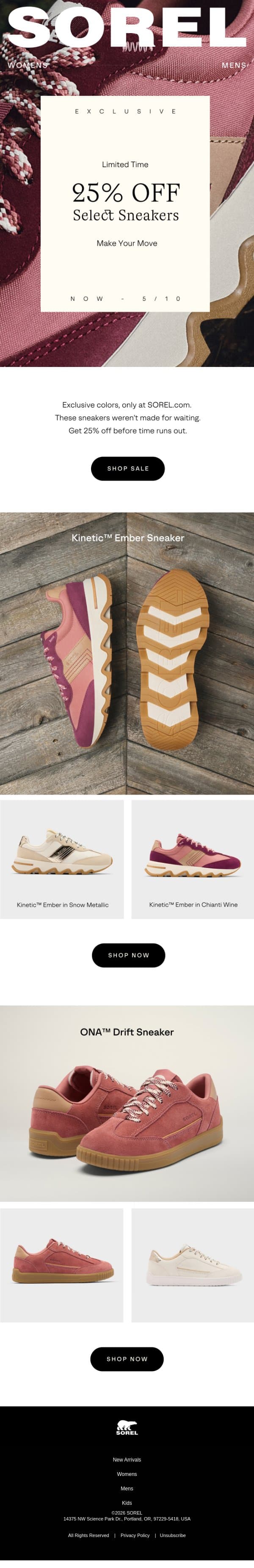 Exclusive colors and savings just for you email from Sorel screenshot