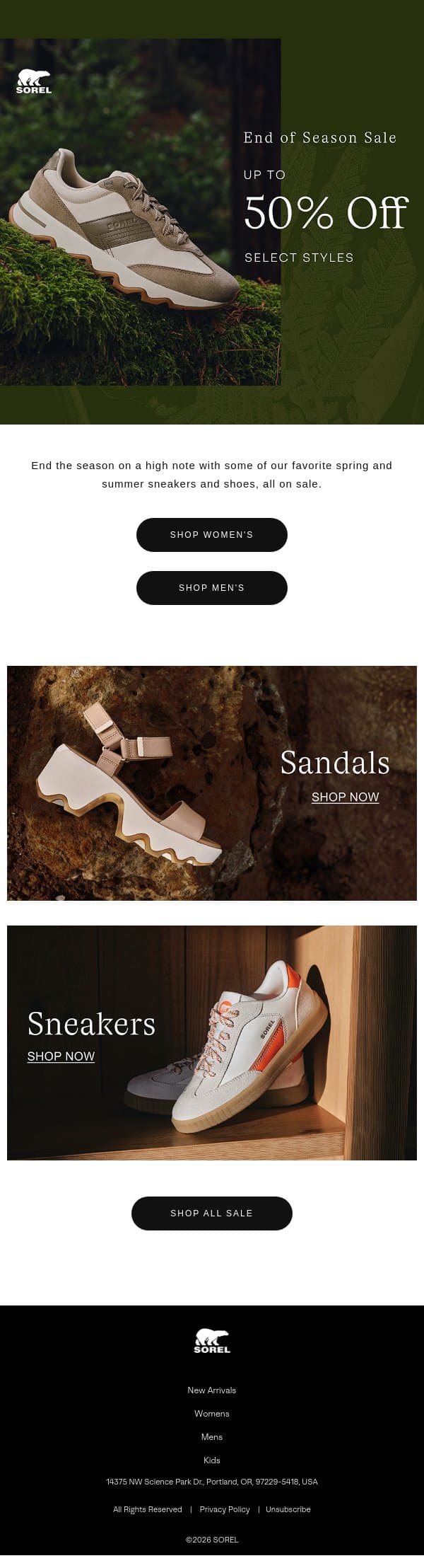 Up To 50% off. Season’s Ending. Sales Are Starting. email from Sorel screenshot