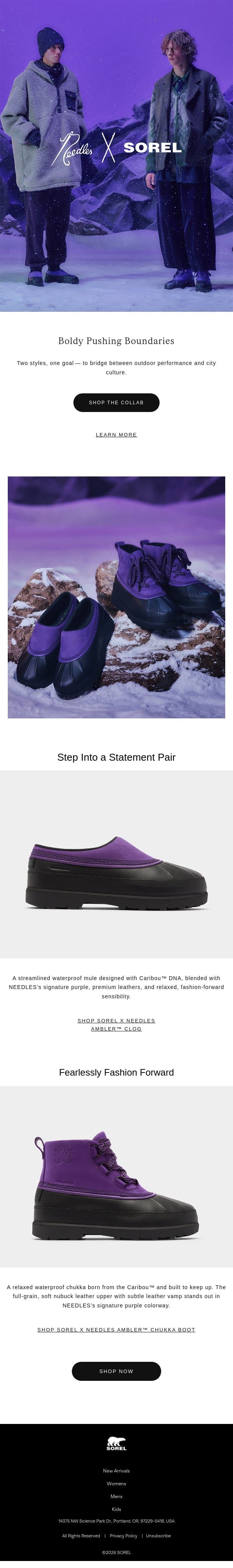 SOREL x NEEDLES email from Sorel screenshot