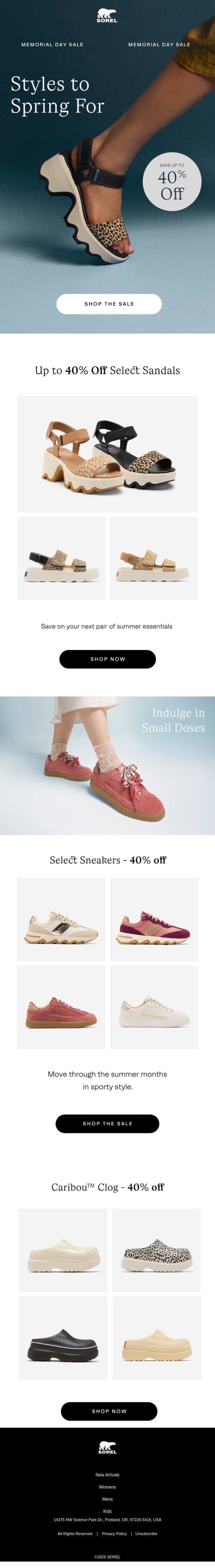 Shop Memorial Day Styles Before They're Gone email from Sorel screenshot