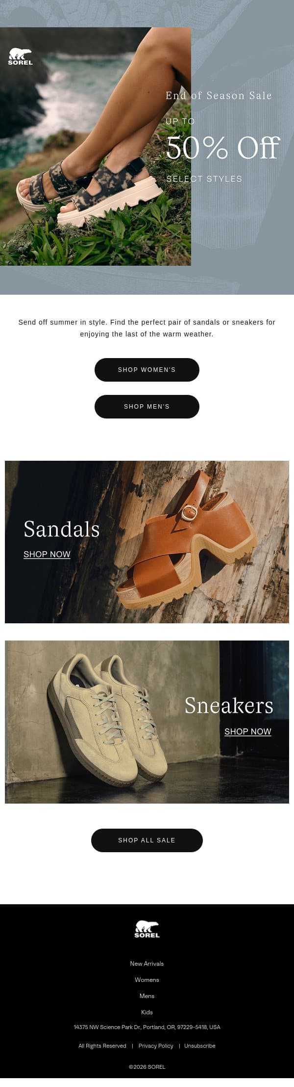 It’s Sale Season. Up to 50% off. email from Sorel screenshot