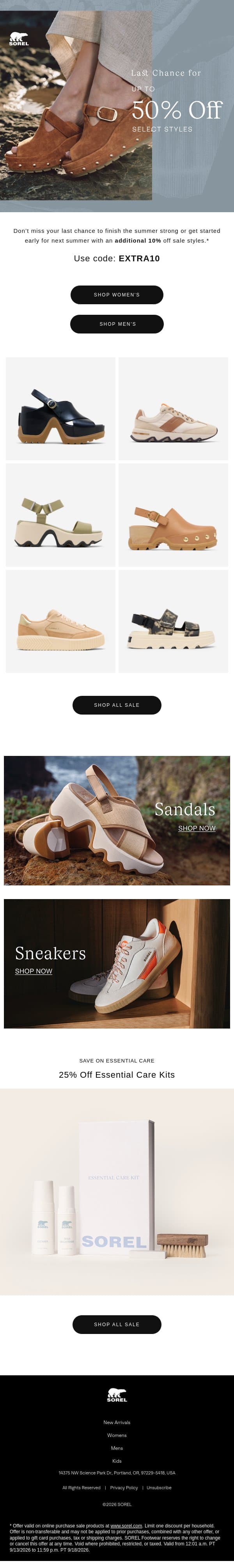 Last Chance for an Extra 10% Off. email from Sorel screenshot
