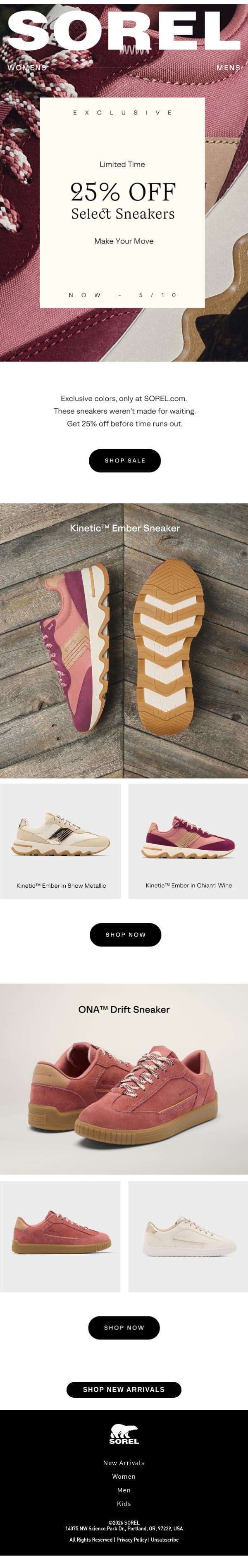 Don't Miss Out: 25% Off Exclusive Sneakers email from Sorel screenshot