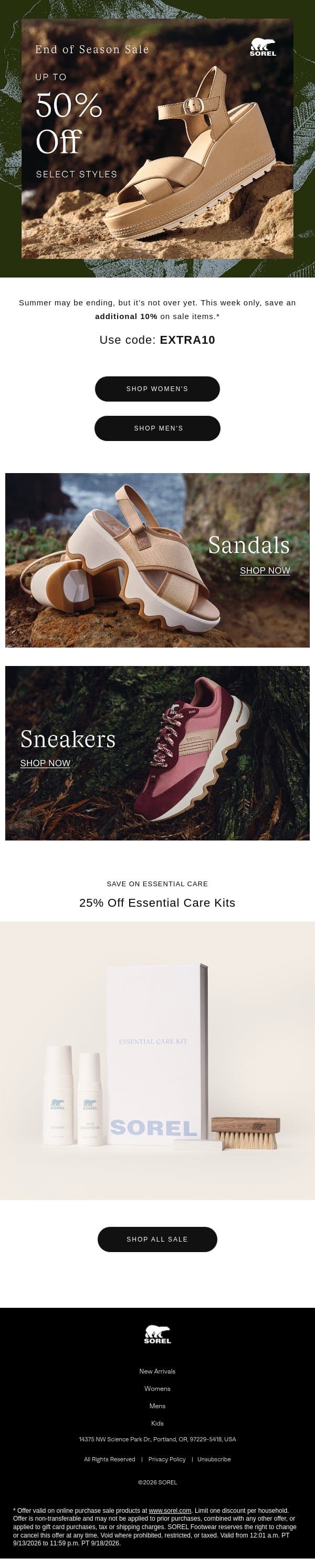 Save an additional 10% off sale items with the coupon inside. email from Sorel screenshot