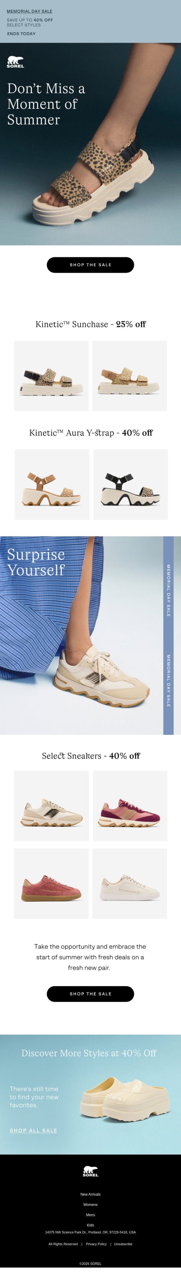 40% Off Select Styles End Today email from Sorel screenshot
