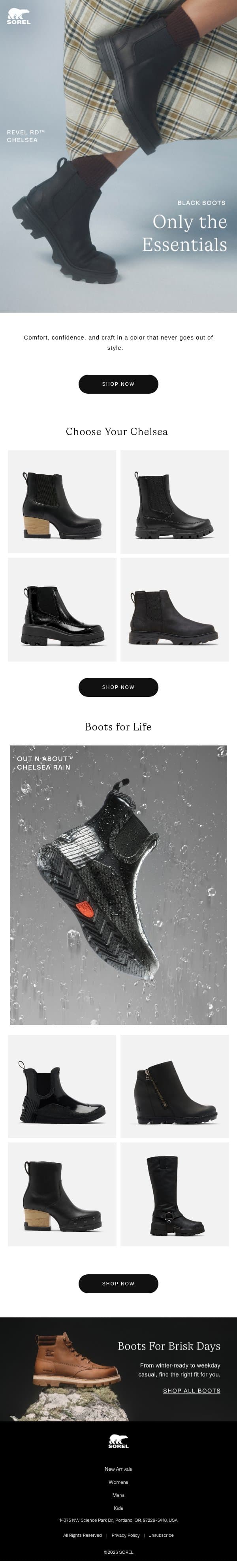 Black Boots — Staples for a Reason email from Sorel screenshot