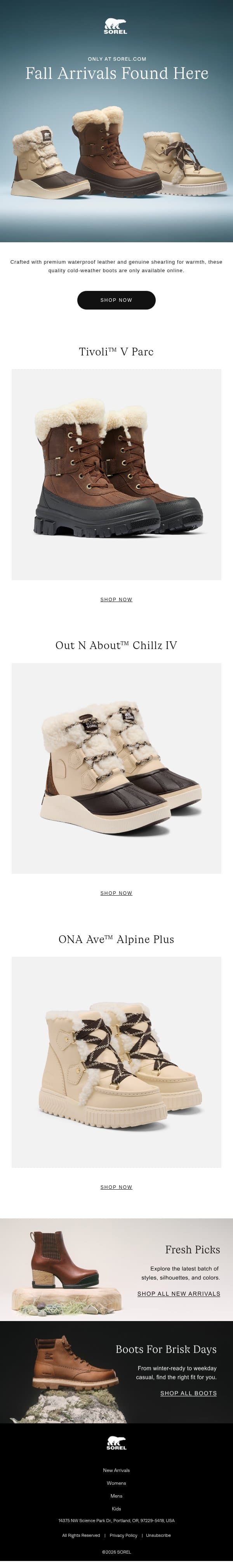 Exclusive New Arrivals, Only at SOREL.com email from Sorel screenshot