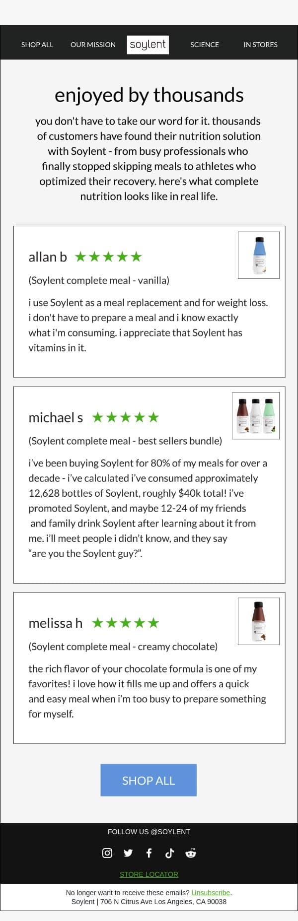 see how customers solved their biggest nutrition challenges email from Soylent screenshot
