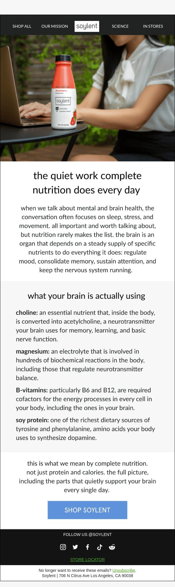 what choline, magnesium, and soy protein have in common email from Soylent screenshot