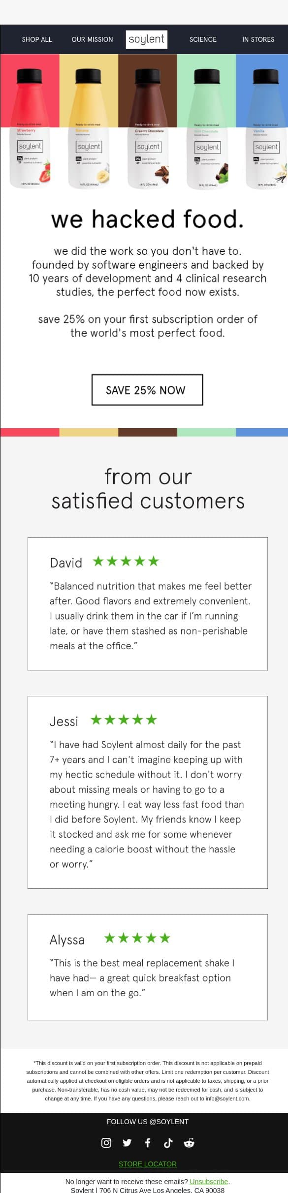 Welcome to Soylent! Enjoy 25% Off 🌱 email from Soylent screenshot