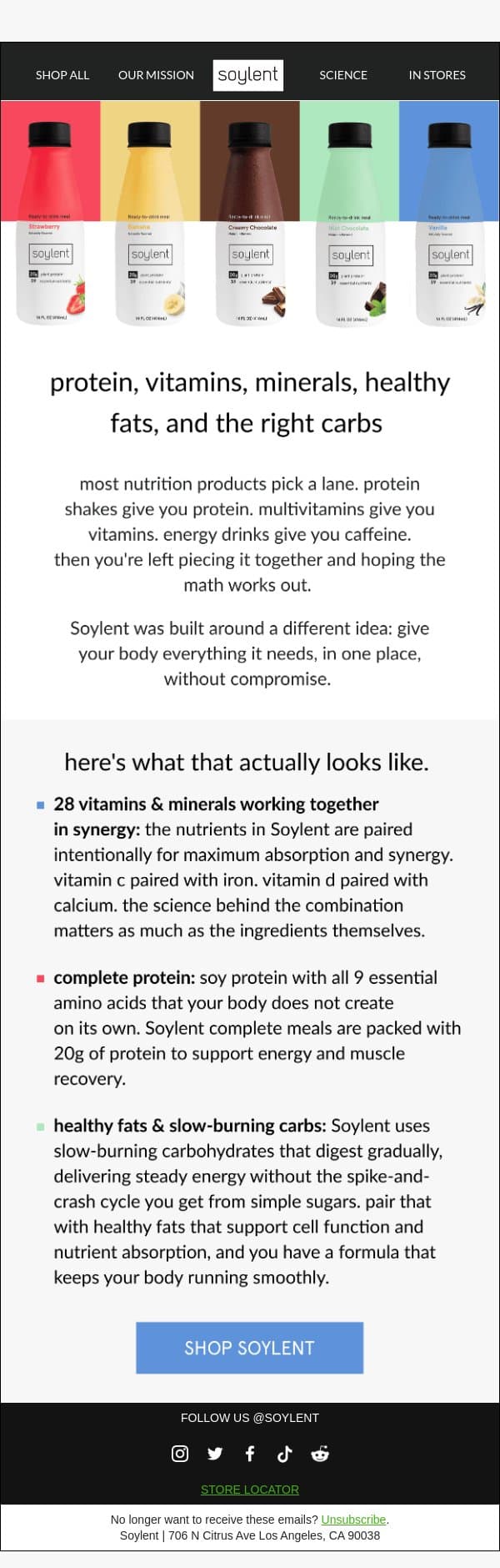 your body has a lot of needs. Soylent handles all of them. email from Soylent screenshot