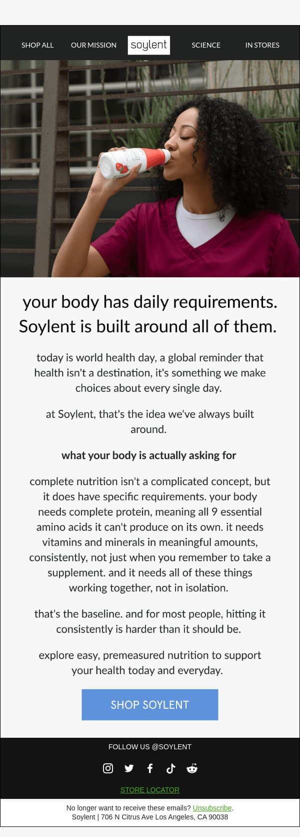 the nutrients your body needs every single day email from Soylent screenshot