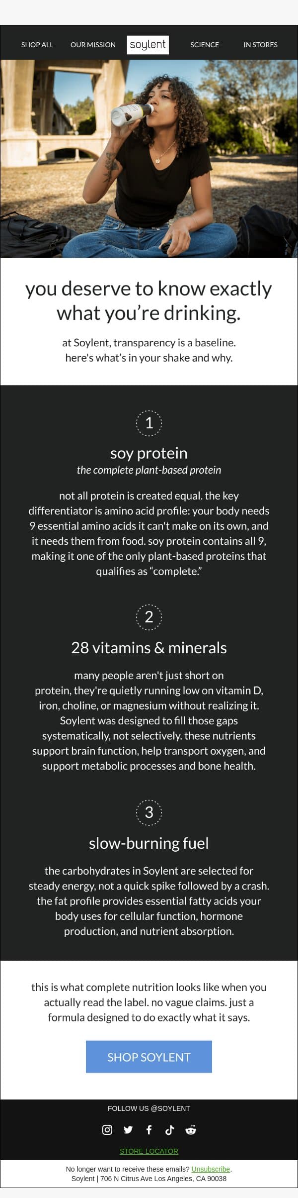 soy protein. 28 vitamins. zero mystery. email from Soylent screenshot