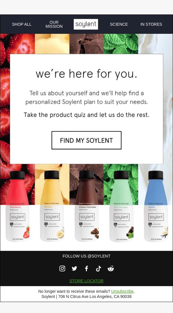 Take our quiz to find the right Soylent for you. email from Soylent screenshot