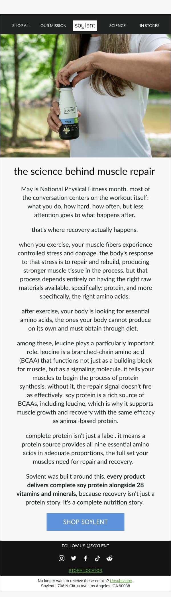your muscles repair themselves. give them what they need to do it. email from Soylent screenshot