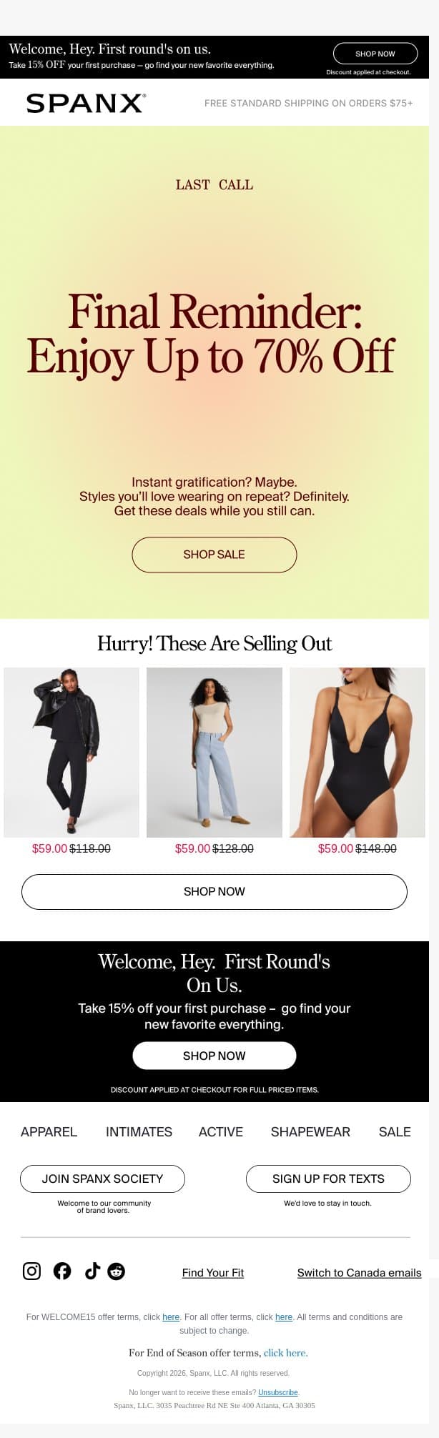 FINAL REMINDER: Up to 70% off email from Spanx screenshot