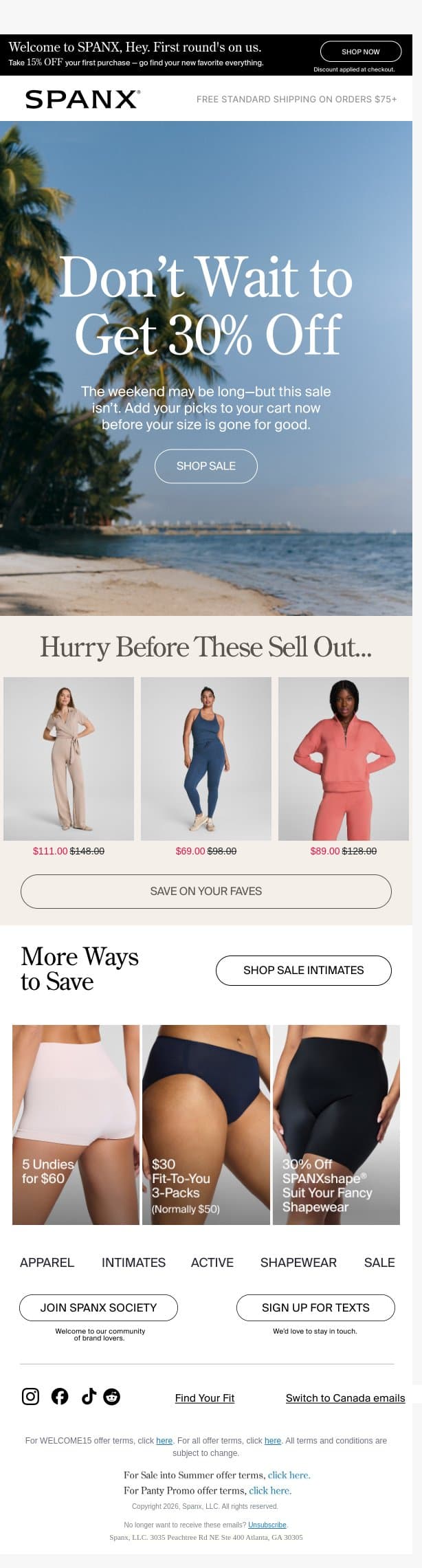 Seriously, don’t snooze on 30% off select styles email from Spanx screenshot