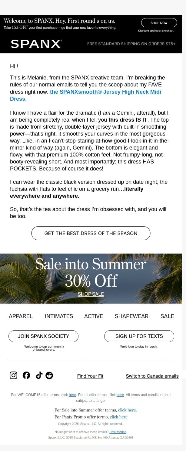 No gatekeeping, ever: the dress I’m IN LOVE with email from Spanx screenshot