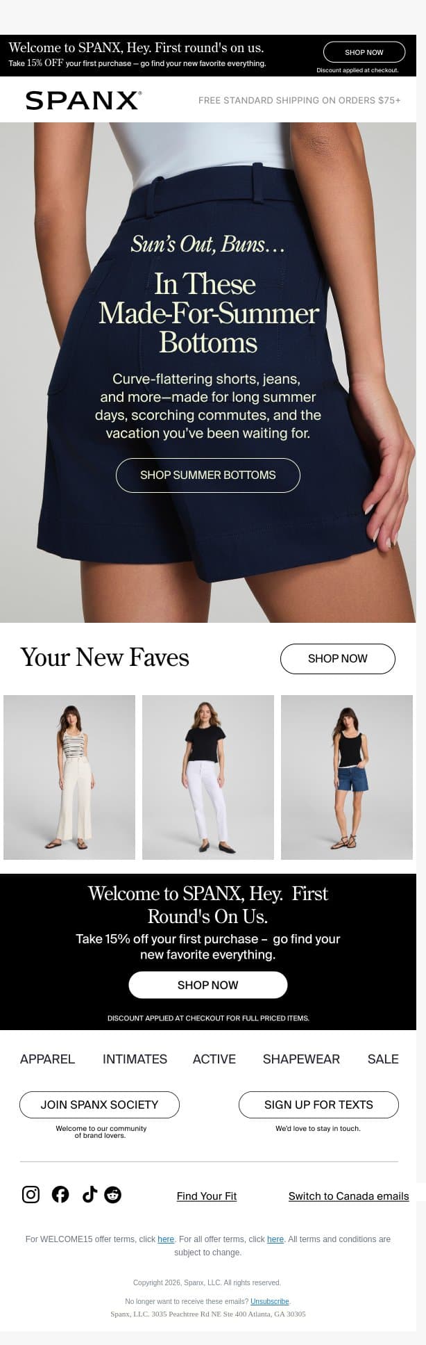 Summery shorts, pants, and bottoms email from Spanx screenshot