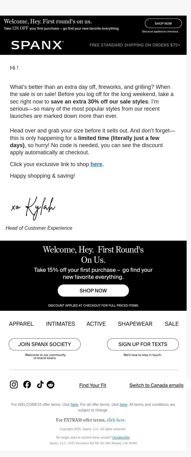 For you: an extra 30% off sale styles email from Spanx screenshot