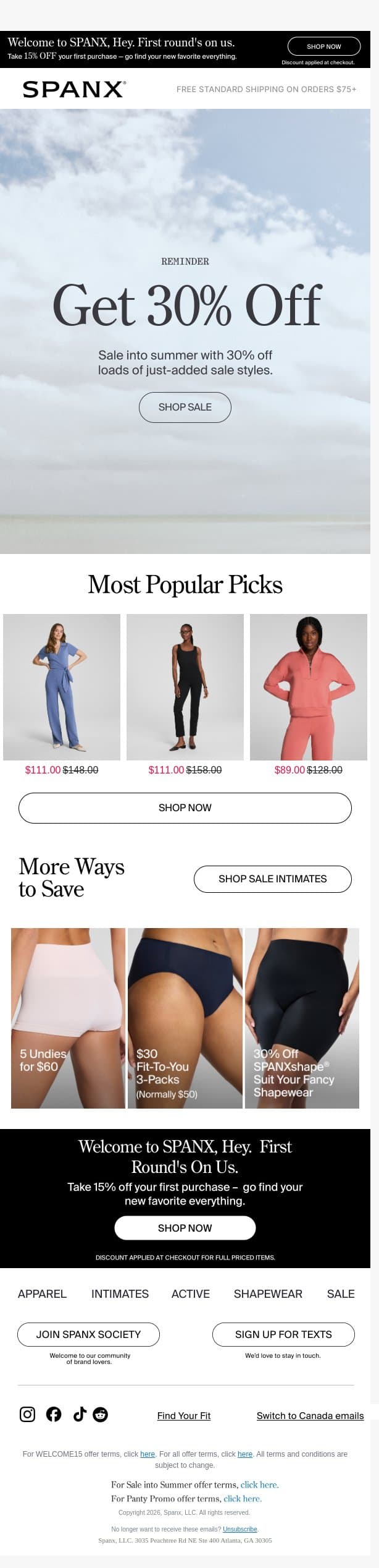 30% off select styles is happening right now email from Spanx screenshot