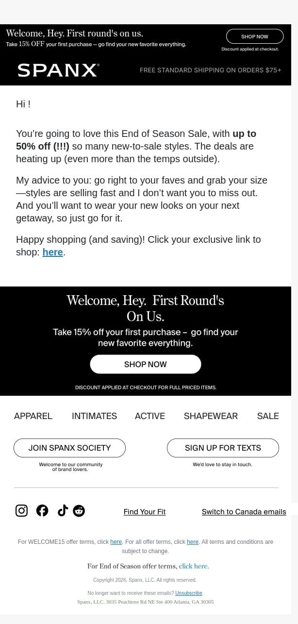 Kylah’s rundown of the End of Season Sale email from Spanx screenshot