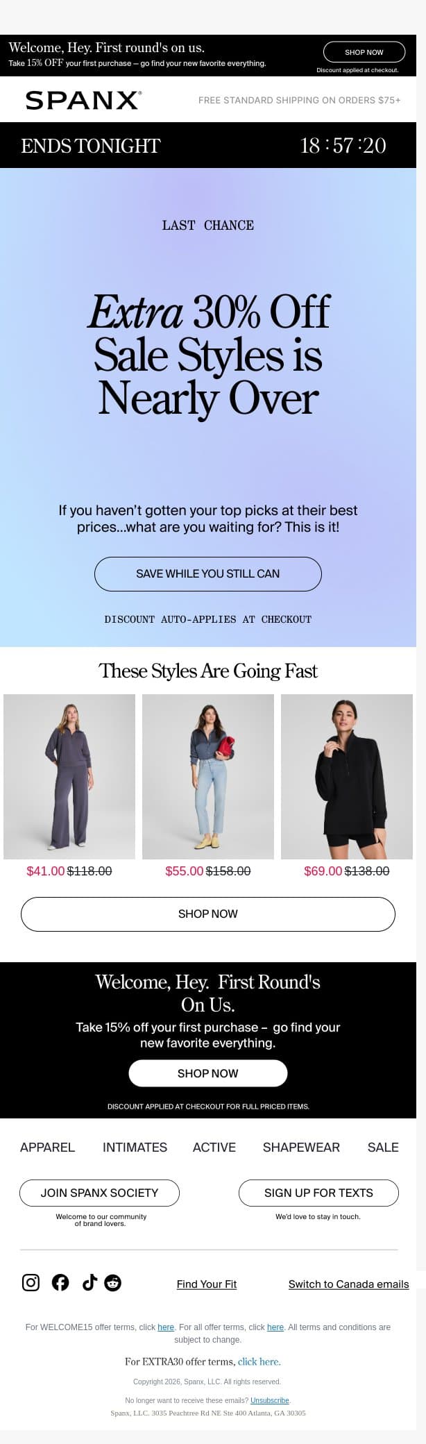 FINAL HOURS: get an extra 30% off now email from Spanx screenshot