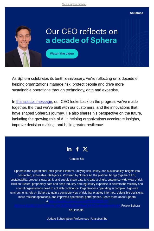 Celebrating 10 years of Sphera email from Sphera screenshot
