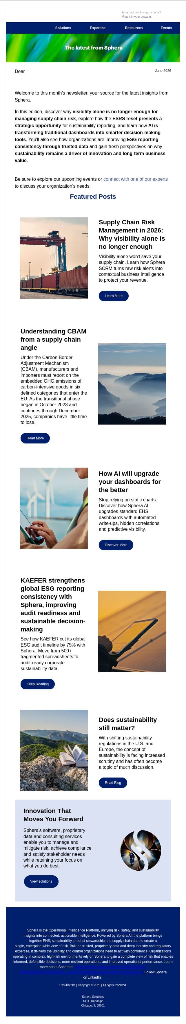 New Insights on AI, Supply Chain Risk and Sustainability email from Sphera screenshot